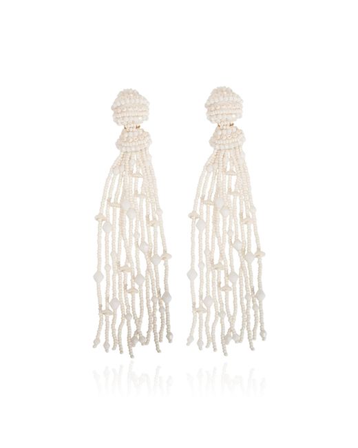 Carolina Herrera White Beaded Long Tassel Earrings