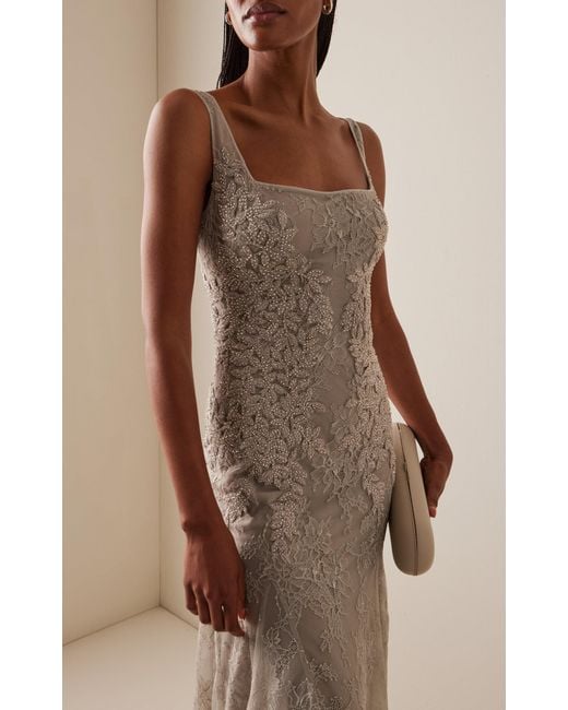 Costarellos Natural Elysia Beaded Lace Gown