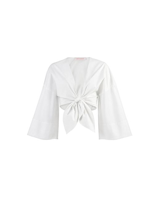 Carolina Herrera White Tie-Front Stretch Cotton Shirting Top