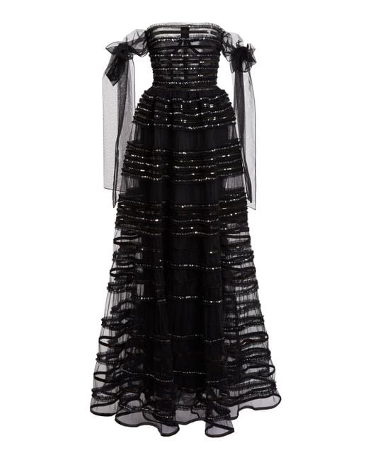 Zuhair Murad Black Sequined Off-the-shoulder Tulle Maxi Dress