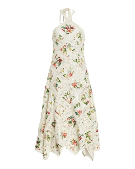 Oscar de la Renta White Floral & Fauna Embroidered Knit Midi Dress