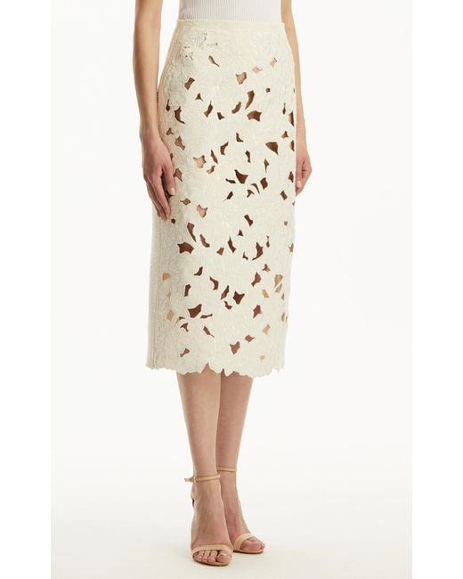 Oscar de la Renta Natural Embroidered Cutout Tweed Midi Skirt
