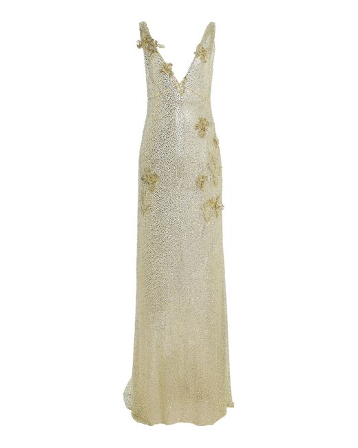 Oscar de la Renta White Crystal-Embroidered Gown