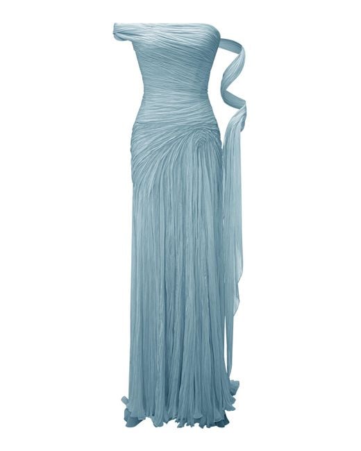 Marmar Halim Blue Pleated One-Shoulder Chiffon Maxi Dress