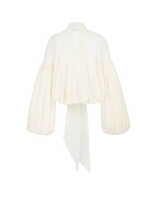 De La Vali White Solana Crepe Tie-Neck Top