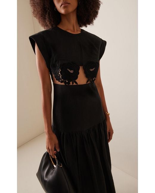 Silvia Tcherassi Black Hanane Embroidered Cutout Linen Maxi Dress