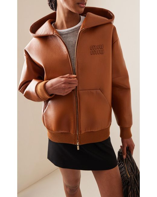 Miu Miu Brown Oversized Hooded Leather Jacket