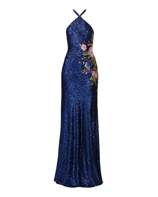 Naeem Khan Blue Halter Stretch Sequin Gown With Floral Applique