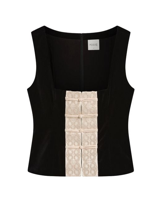 Posse Black Florian Embroidered Trim Velvet Top