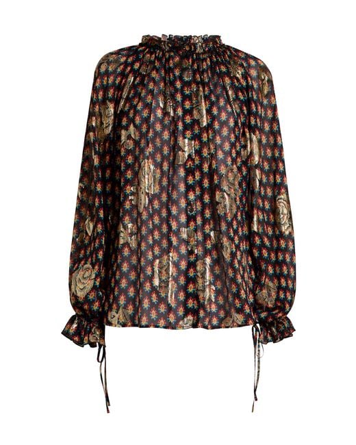 Etro Brown Ruffled Metallic Silk Shirt