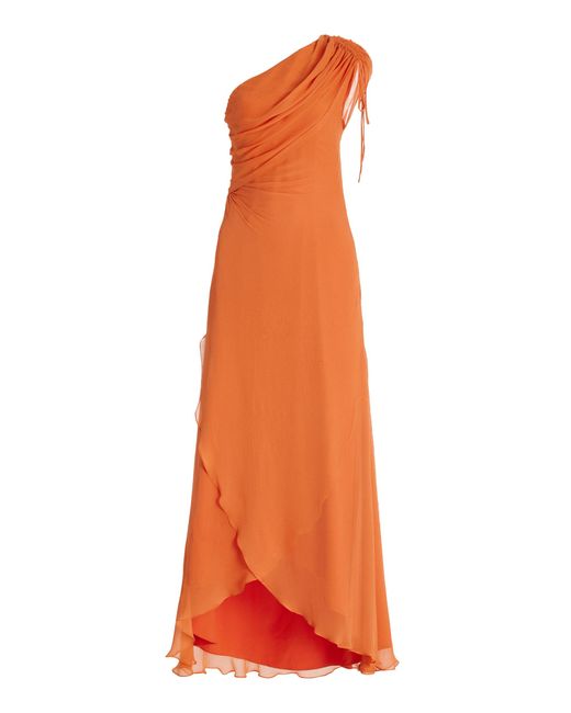 ANDRES OTALORA Orange Copitas Asymmetric Silk Chiffon Maxi Dress