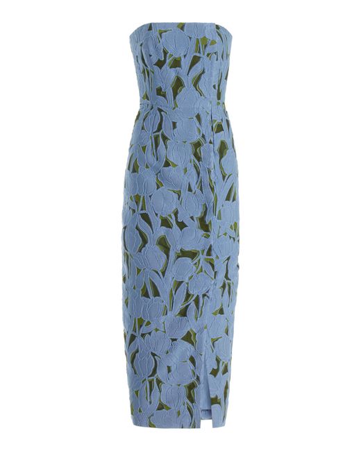 Emilia Wickstead Blue Imara Strapless Satin Brocade Midi Dress