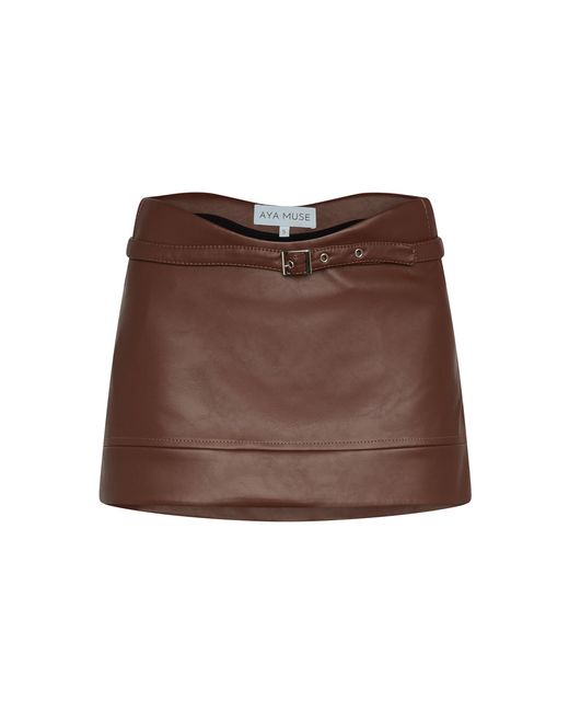 AYA MUSE Brown Stru Curved Faux Leather Mini Skirt
