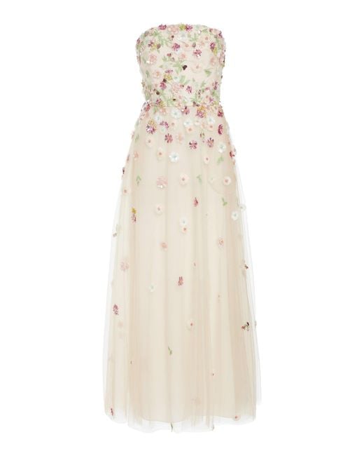 Elie Saab Natural Floral-embroidered Tulle Strapless Midi Dress