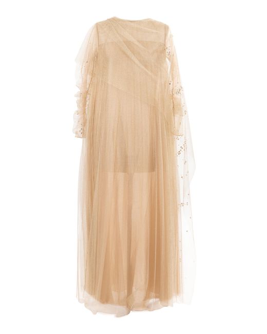 Mauzan Natural Cape-Detailed Embellished Tulle Caftan Dress