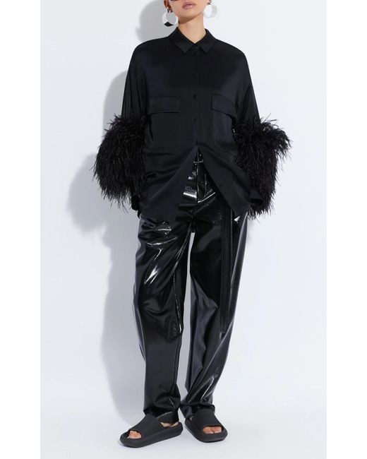 LAPOINTE Black Oversized Satin Button Down With Feathers
