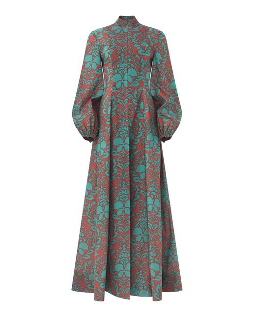 Dar Zéro Studio Green Damask Organza Mock Neck Duster