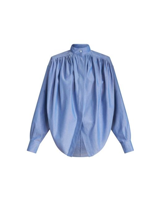 Etro Blue Oversized Pleated Cotton-oxford Top