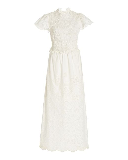 Sea White Vienne Smocked Cotton Broderie Anglaise Maxi Dress