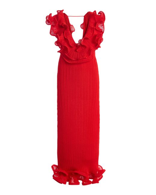 Carolina Herrera Red Ruffled V-Neck Viscose Fine Knit Rib Dress