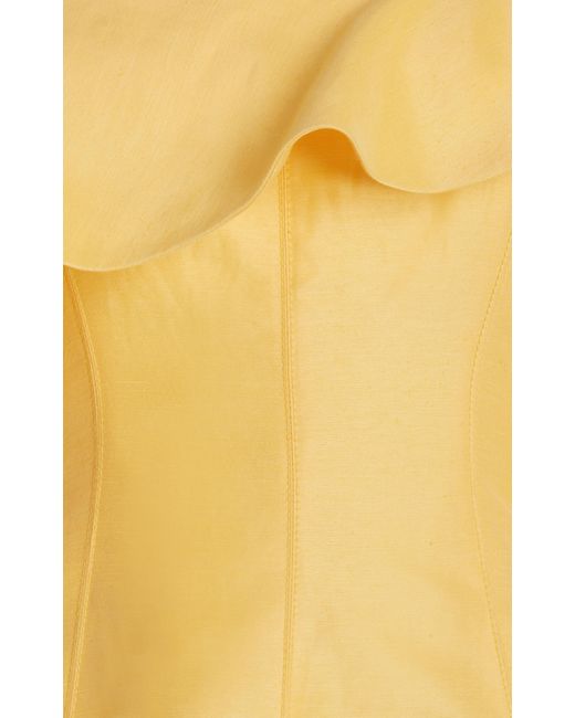 Aje. Yellow Shallows Strapless Ruffled Linen-blend Gown