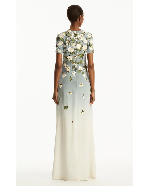 Oscar de la Renta White Embroidered Stretch-Silk Gown
