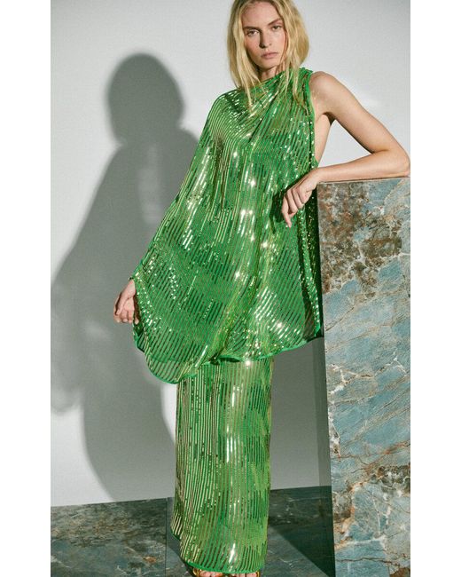 Johanna Ortiz Green Poder Tejido Caped Sequin Silk Maxi Dress