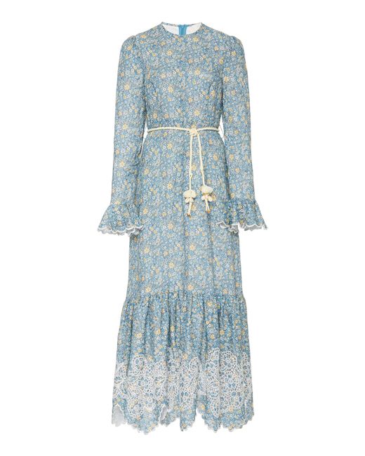 Zimmermann Carnaby Ropebelt Floralprint Linen Midi Dress in Blue Lyst
