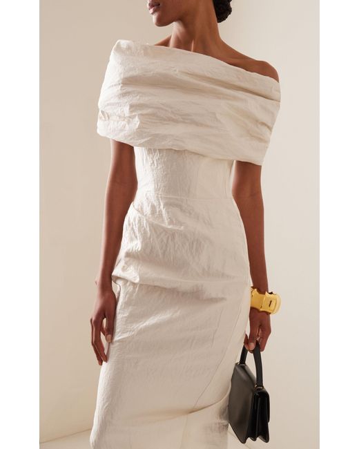 Maticevski White Amber Gathered Metallic Cotton-blend Midi Dress