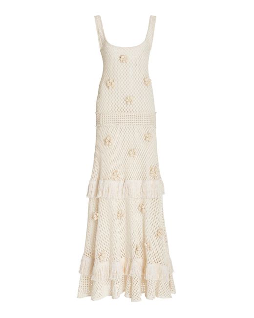 Alexis White Lucaya Fringed Floral-appliqued Crochet-knit Maxi Dress