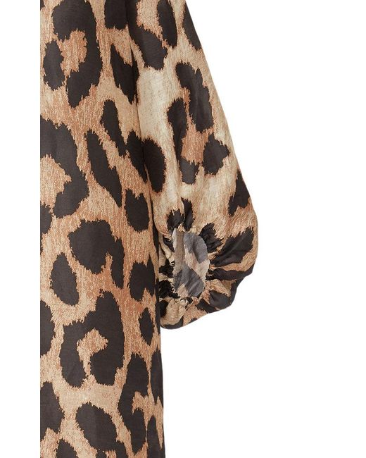Ganni Leopard-print Linen-silk Blend Midi Dress in Brown | Lyst Ganni Leopard-print Linen-silk Blend Midi Dress in Brown | Lyst