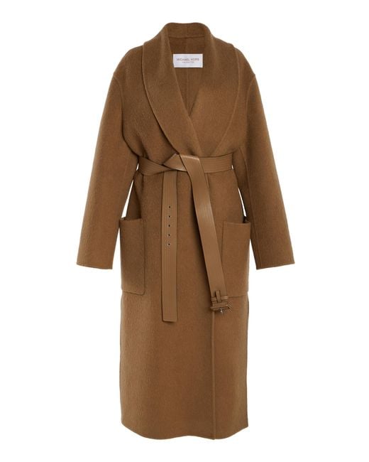 Michael Kors Brown Contrast-Trim Brushed Alpaca Wrap Coat