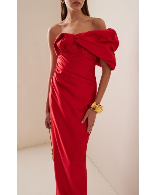 Rachel Gilbert Red Marlo Ruched Wool-silk Off-the-shoulder Gown