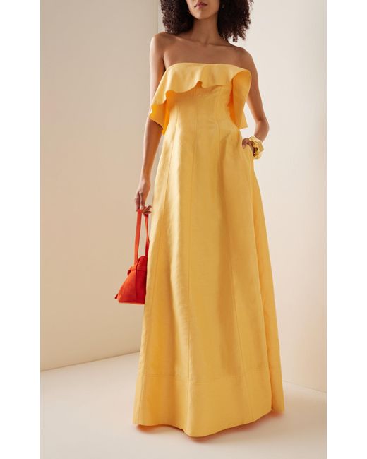 Aje. Yellow Shallows Strapless Ruffled Linen-blend Gown