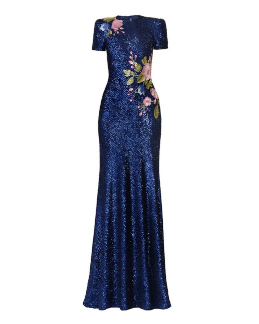 Naeem Khan Blue Stretch Sequin Cap Sleeve Gown With Floral Applique