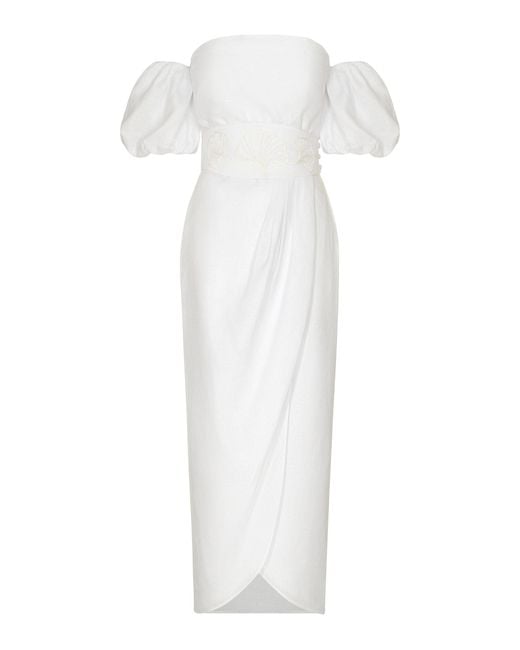 ANDRES OTALORA White Una Historia Belted Linen Off-the-shoulder Midi Dress