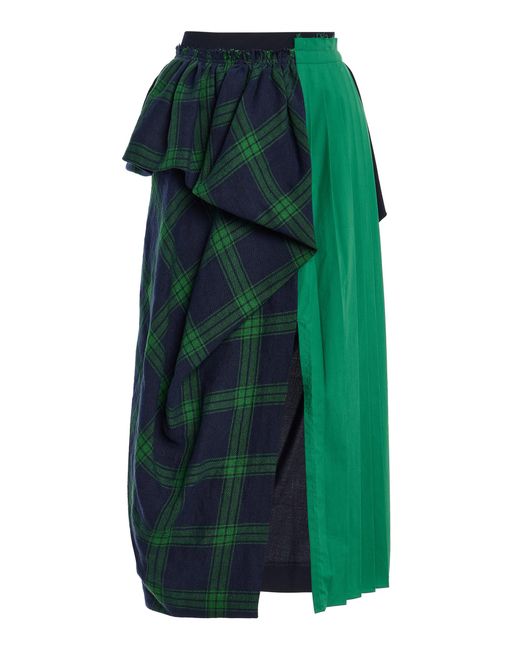 Ashlyn Green Cascade Plaid Linen Midi Skirt