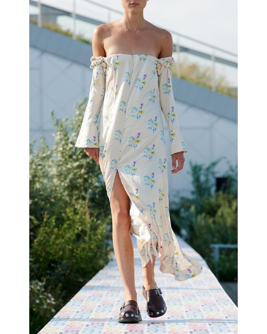 Ganni Floral Satin Off the shoulder Maxi Dress in Natural Lyst
