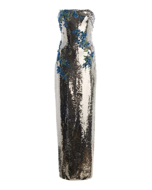 Monique Lhuillier Blue Strapless Sequined Gown