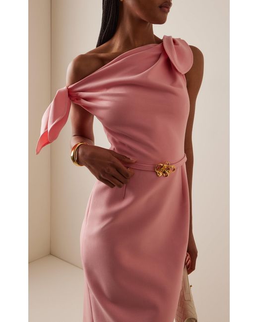 Oscar de la Renta Pink Asymmetric Knotted Wool-Blend Midi Dress