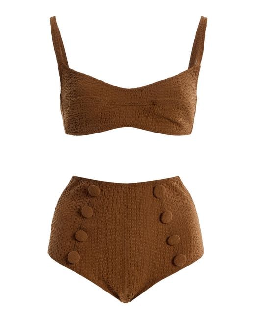 Lisa Marie Fernandez Brown Seersucker Balconette High-waist Bikini