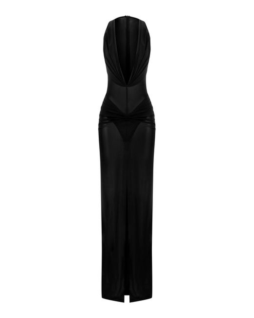 Alex Perry Black Ruched Halter Powermesh Column Gown