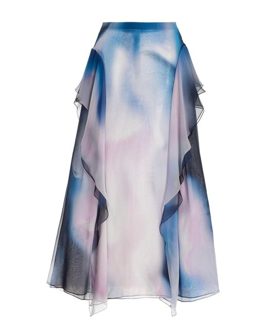 Del Core Blue Winged Ruffle-detailed Silk Midi Skirt