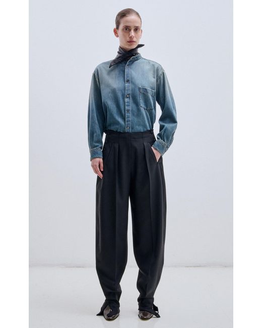 DARKPARK Blue Meg Cotton-Tencel Denim Shirt With Detachable Plonge Leather Foulard
