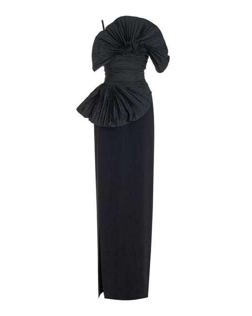 Elie Saab Black Crepe And Taffeta Column Gown With Pleated Applique Detail
