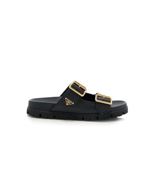 Prada Black Buckle-detailed Leather Slip-on Sandals
