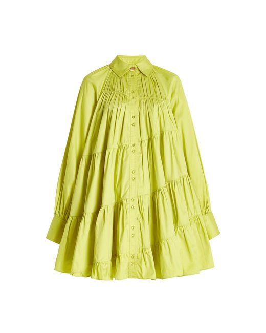 Aje. Green Cascade Gathered Cotton Smock Mini Dress