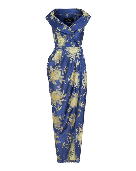 Etro Blue Off-the-shoulder Floral-satin Midi Wrap Dress