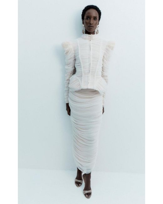 De La Vali Blue Thalassa Gathered Tulle Maxi Skirt