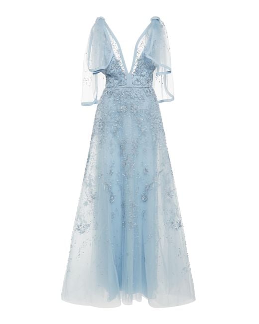 Elie Saab Blue Embroidered Dress With Knotted Shoulders